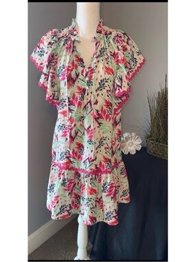 Entro Floral Boho Dress Flutter Sleeve Ruffle Hem Size S Pink Green